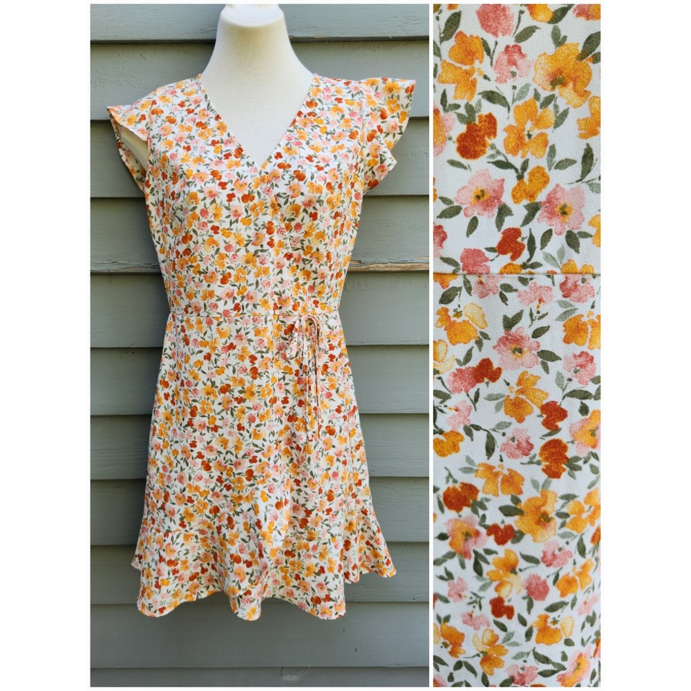 LOFT‎ Outlet Faux Wrap Dress Orange Floral Flutter Sleeve 00P